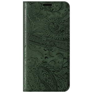 Etui na telefon skóra naturalna książka RFID - Ornament Zielony - TPU Czarne